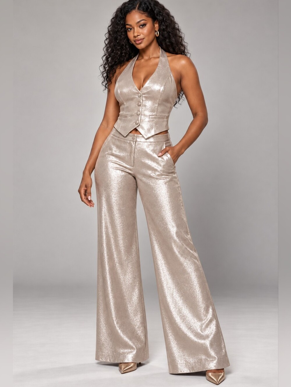 Champagne Metallic Halter Vest & Wide Leg Trousers